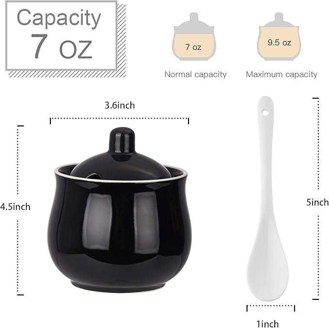 Ceramic Sugar Bowl with Lid and Spoon, Black Porcelain Sugar Salt Pepper Storage Jar, 8 Ounces