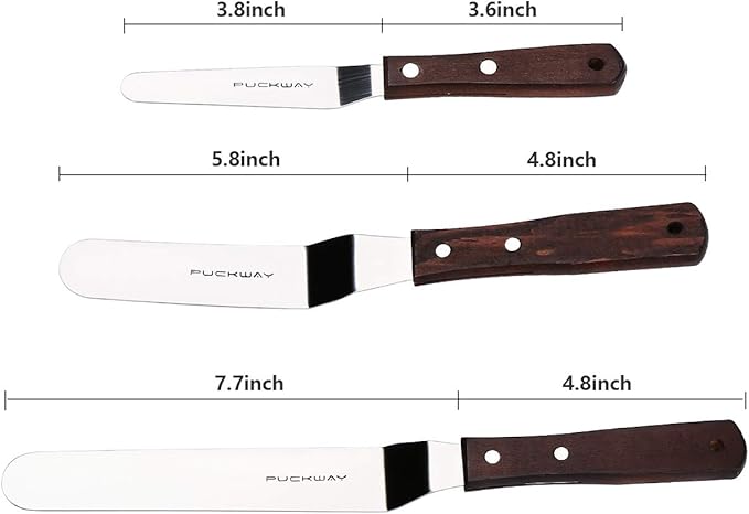 Offset Cake Icing Spatula Set of 3 Professional Stainless Steel Decorating Frosting Spatulas (4"-6"-8" Flexible Resistant Blade) Angled with Wooden Handle