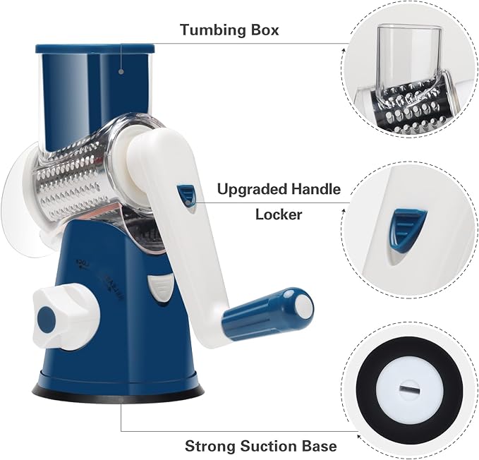 Cambom Rotary Cheese Grater Hand Crank Cheese Shredder for Fresh Cheese, Vegetable, Nuts,Non-slip Suction Base, Free Cleaning Brush Three Blades,Deep Blue