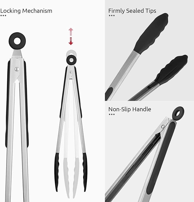 600ºF Heat Resistant Kitchen Tongs: U-Taste 9+12 inch Silicone Cooking Tong Set with Firm Sealed Non Stick Rubber Tips and Silicon Coated 18/8 Stainless Steel Handle for Serving Grilling Salad (Black)