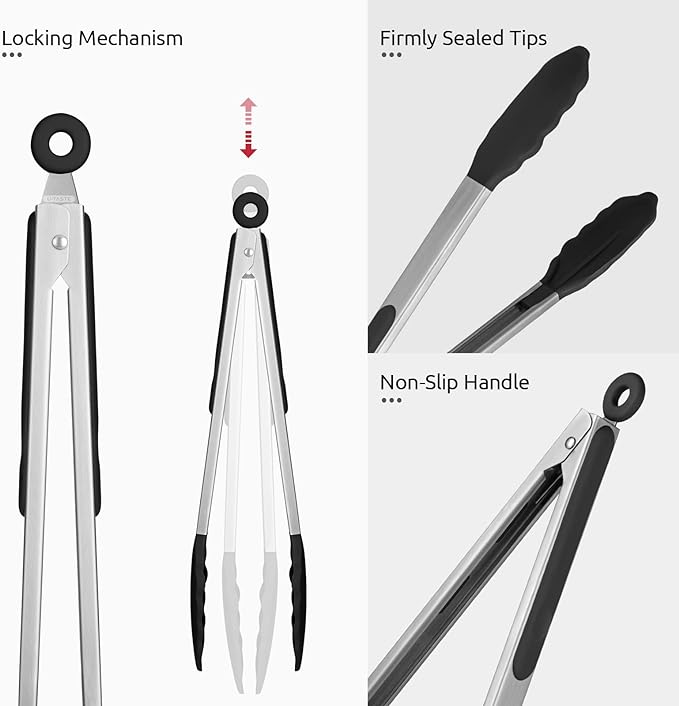 Heat Resistant Silicone Kitchen Tong: U-Taste 16 inch Extra Long Large 480ºF Hot Proof Cooking Tong with Sturdy Non Stick Rubber Tips & Non Slip Silicon Coated Steel Handle for Grilling BBQ (Black)