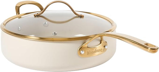 bloomhouse - Oprah's Favorite Things - 6 QT Heavy Duty Aluminum Premium PFA Free Ceramic Nonstick Saute/Deep Frying Pan Skillet with Lid - Almond Cream w/Gold Handle
