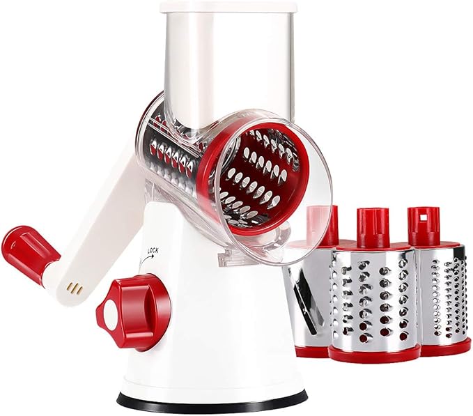 Cambom Rotary Cheese Grater Hand Crank Cheese Shredder for Fresh Cheese, Vegetable, Nuts,Non-slip Suction Base, Free Cleaning Brush Three Blades,Red White