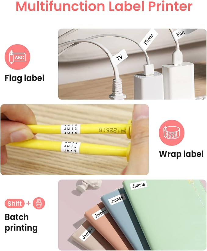 Pink Label Maker, D210S Label Maker with Tapes Waterproof, Handheld Label Makers Labeler Includes USB-C for Power, Easy-to-Read Screen, Multiple Fonts Icons Frames for Home Office Organization