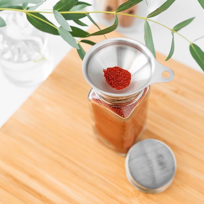 SAVVY & SORTED Glass Jars with 24PK 4oz Containers for Herbs and Seasonings – Includes Pepper Grinder, 374 Labels, Funnel, Shaker Lids & Empty Bottles