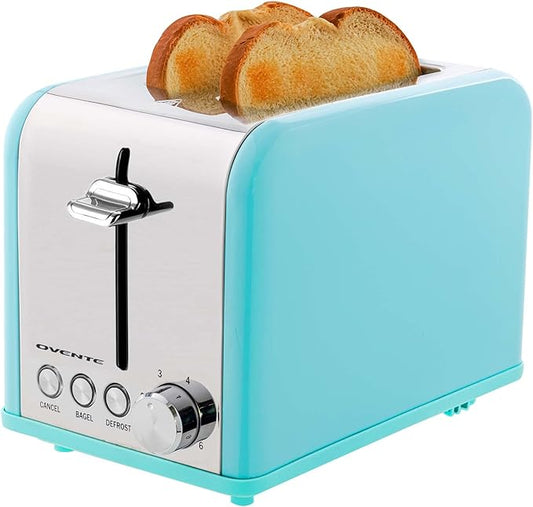 OVENTE Electric 2 Slice Toaster Machine with 6-Shade Browning Selector Setting, Cancel, Defrost, Bagel Buttons, Removable Crumb Tray and Extra Wide Slots for Toasting Breads & More, Turquoise TS2450T