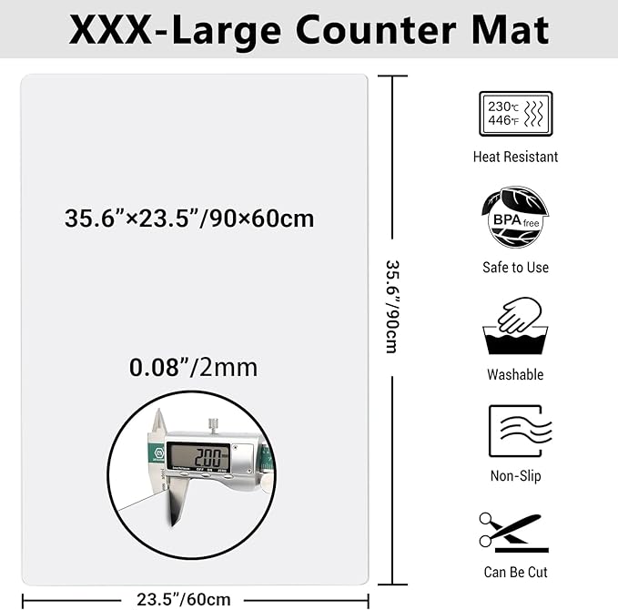 Ewen 35.6x23.5in 2mm Silicone Mats for Kitchen Counter, Thick Heat Resistant Silicone Mat, Extra Large Non-Stick Pastry Mat Glass Top Stove Cover Countertop Protector for Baking Coffee Bar Translucent