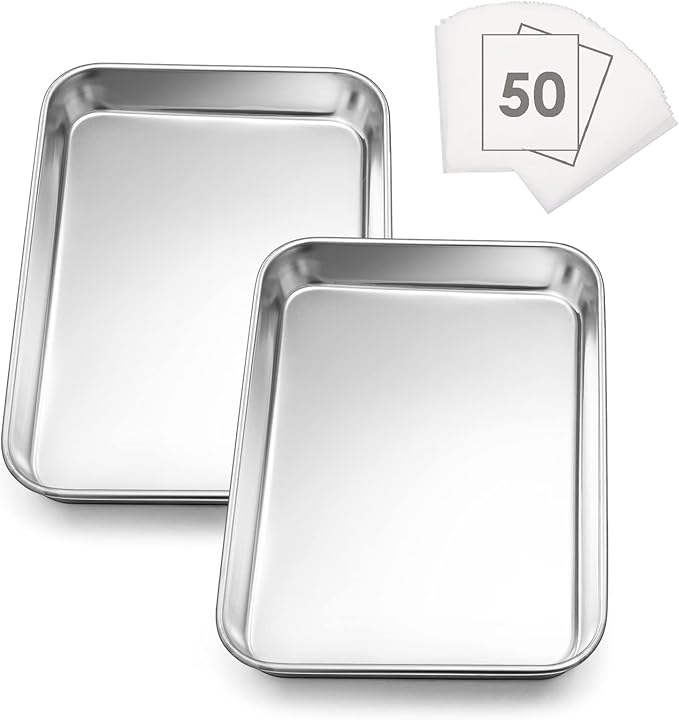 Small Baking Sheet Set of 2, E-far 9.4”x7.3” Toaster Oven Stainless Steel Cookies Sheet Pan with 50 Parchment Paper, Rectangle Mini Baking Tray for Cooking, Rust Free & Heavy Duty, Dishwasher Safe