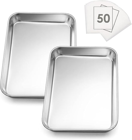Small Baking Sheet Set of 2, E-far 10.5”x8.3” Stainless Steel Cookies Sheet Pan for Toaster Oven with 50 Parchment Paper, Rectangle Baking Tray for Cooking, Rust Free & Heavy Duty, Dishwasher Safe