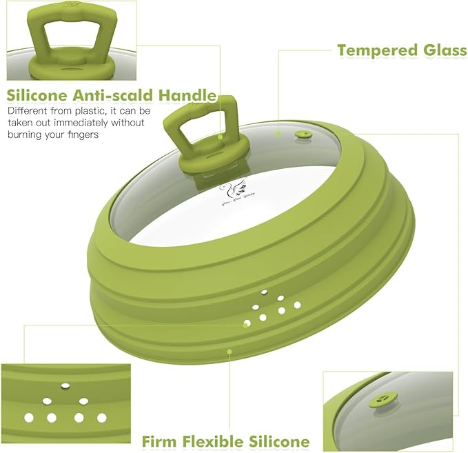 Microwave Splatter Cover Vented Glass Splatter Guard Lid with Collapsible Silicone for Food as Pot Covers Plate 10.8 inch for 6 7 8 9 10 inch Plate Bowl