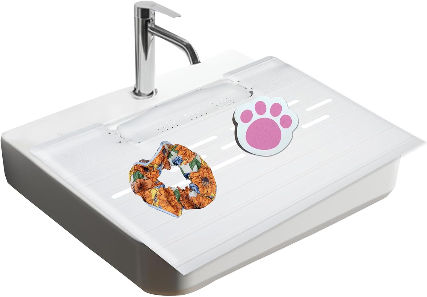 White Foldable Sink Cover, Silicone Makeup Mat for Sink with Draining Rack – Multipurpose Bathroom Sink Cover for Travel, Storage, and Countertop Protection