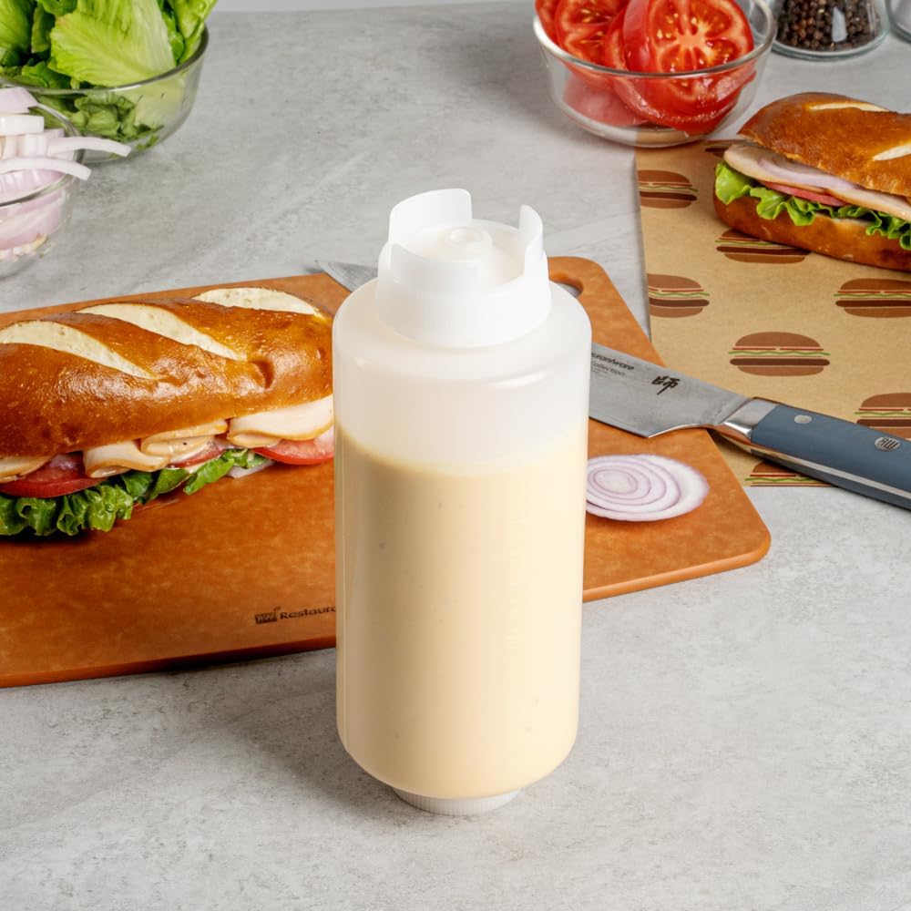 Restaurantware First In First Out 32 Ounce Condiment Squeeze Bottle 6 Refillable Lid FIFO Squeeze Bottle - Precision Dispensing Tip Flexible Clear Plastic Squeeze Bottle For Sauces