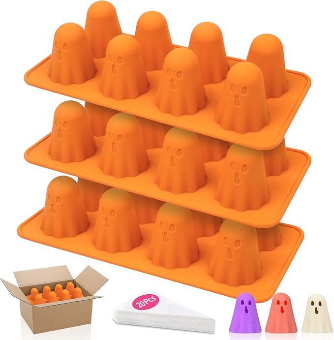 3pcs Halloween Ghost Jello Gummy Baking Silicone Mold with 20 Piping Bags,Halloween Ghost Ice Cake Pop Molds Silicone Non-Stick 3d Jello Shots for Chocolate Gummy Candy Pudding Resin Soap