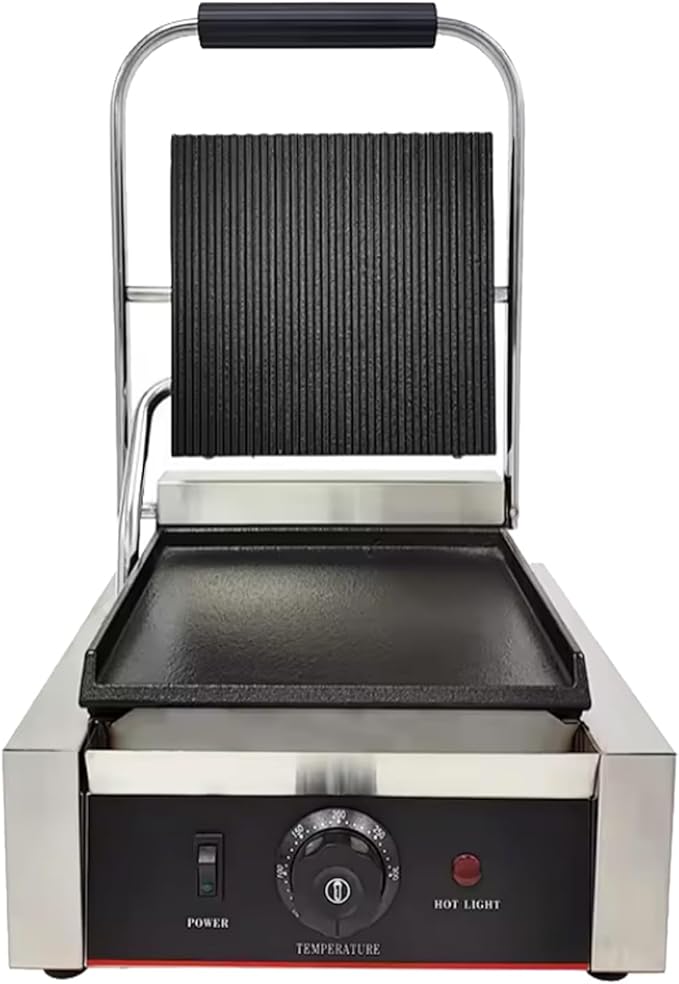 Commercial Panini Press With Grooved Grill Sandwich Maker Machine Electric Contact Grill Single (Single Grooved Top&Smooth Bottom)