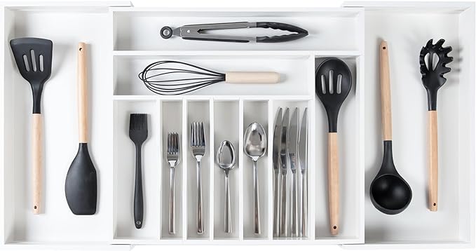 Premium Silverware, Flatware and Utensil Organizer for Kitchen Drawers, Food-Safe Contract Grade, Expandable from 18 to 33 In, White Bamboo