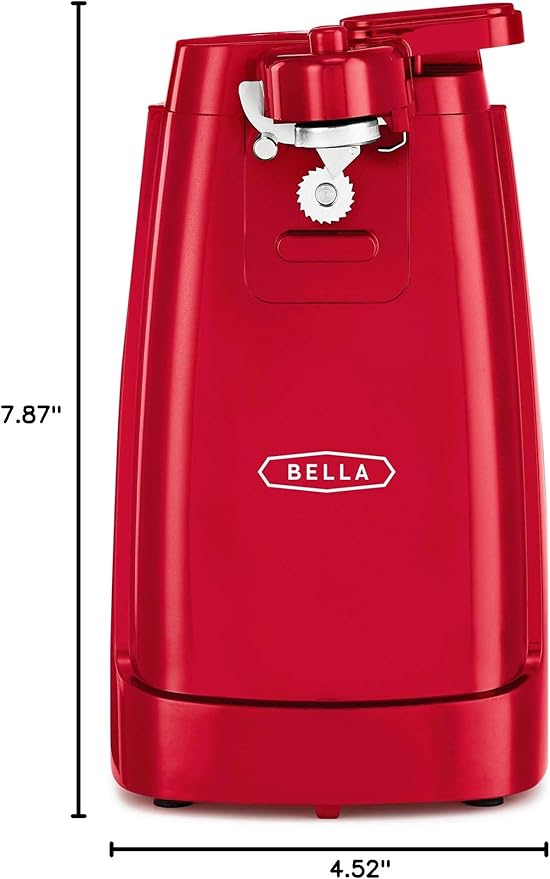 BELLA Electric Can Opener and Knife Sharpener, Multifunctional Jar and Bottle Opener with Removable Cutting Lever and Cord Storage, Stainless Steel Blade, Red