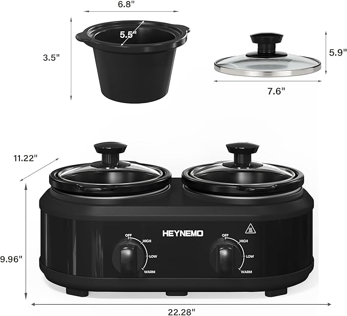 Double Slow Cooker, 2 X 1.25QT Slow Cooker with 3 Cooking Settings, Buffet Servers and Warmers with Dishwasher-Safe Ceramic Pot, Glass Lid, Black