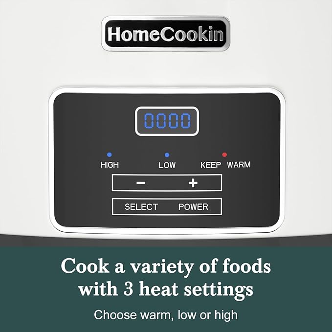 HOMECOOKIN 7-Quart Programmable Slow Cooker with Timer Keep Warm - Small Kitchen Appliance for Family Dinners - Serves 6+ People (White)