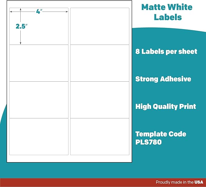 Premium Label Supply White Sticker Shipping/Mailing Labels – 4" x 2.5" – Laser/Inkjet Compatible – (8 per Sheet), 100 Sheets – 800 Total Adhesive Labels