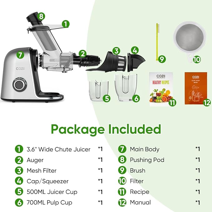 COZII Cold Press Juicer Machines,Slow Masticating Juicer Extractor Soft/hard Mode, 3.6" Large Feed Chute For Vegetable and Fruit, Easy to Clean Juicer, Quiet Motor, High Juice Yield