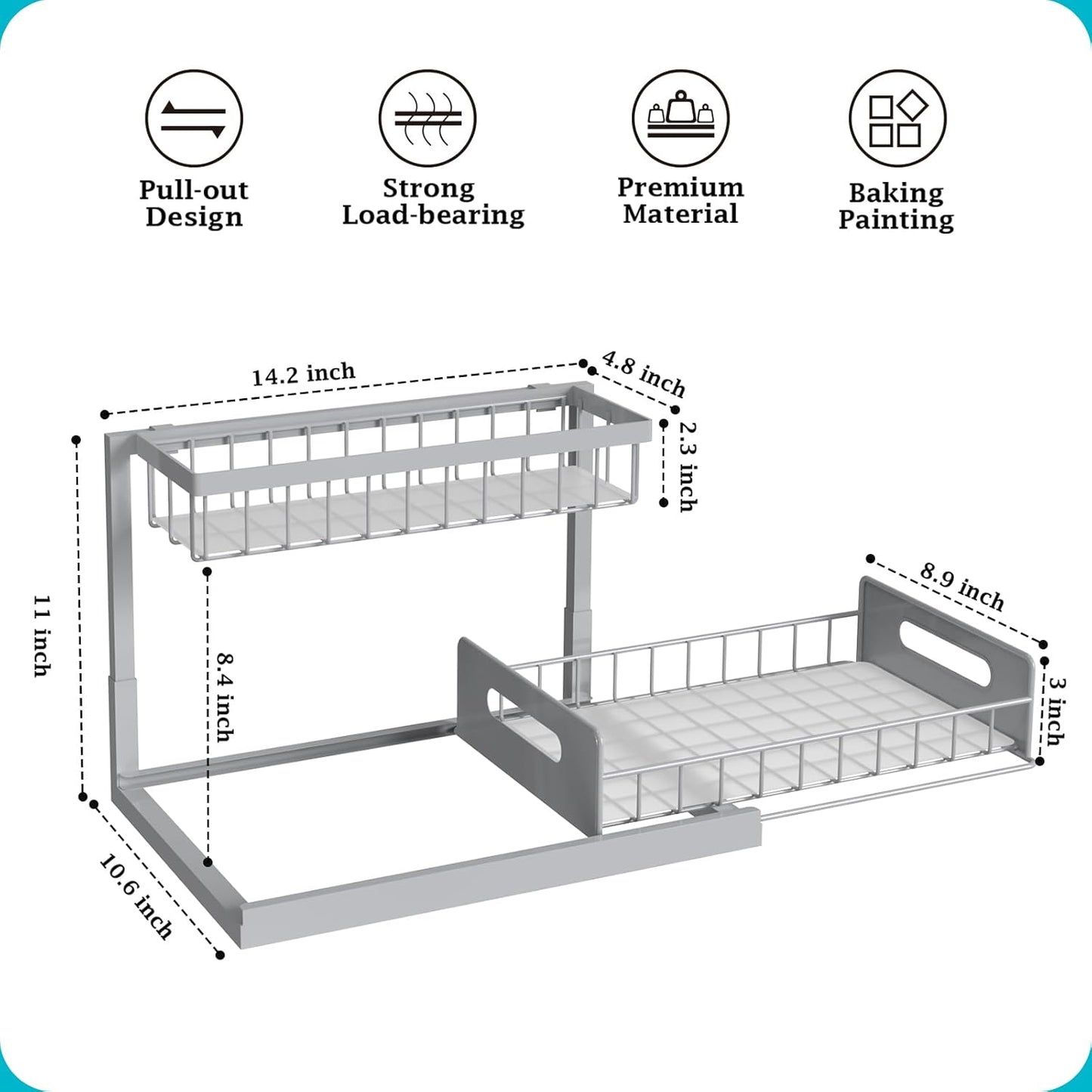 REALINN Under Sink Organizer, Pull Out Cabinet Organizer 2 Tier Slide Out Sink Shelf Cabinet Storage Shelves, Storage for Kitchen Bathroom, Grey, 2 Pack