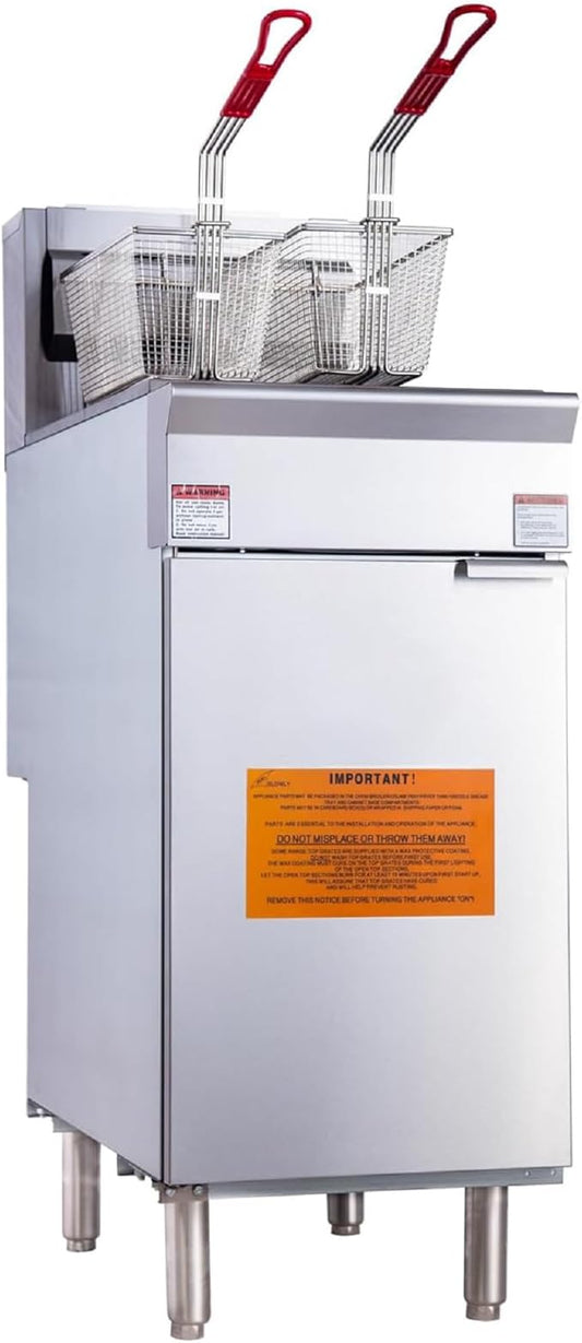 CLIVIA Gas Deep Fryer, Commercial Floor Natural Gas Fryer with 2 Baskets, 40 lb. Capacity with 3 Burners, Total 90,000 BTU Gas Powered Fryer for Restaurants