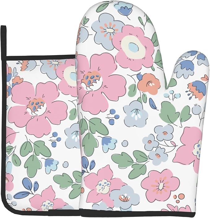 Pink Floral Oven Mitts and Pot Holder Set of 2 Watercolor Flower Heat Resistant BBQ Gloves Hot Pads for Kitchen Baking Cooking Microwave