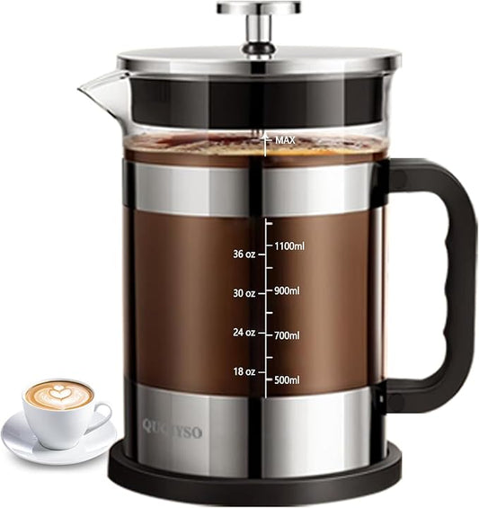QUQIYSO French Press Coffee Maker 51oz 304 Stainless Steel French Press with 4 Filter, Heat Resistant Durable, Easy to Clean, Borosilicate Glass Coffee Press, Sliver