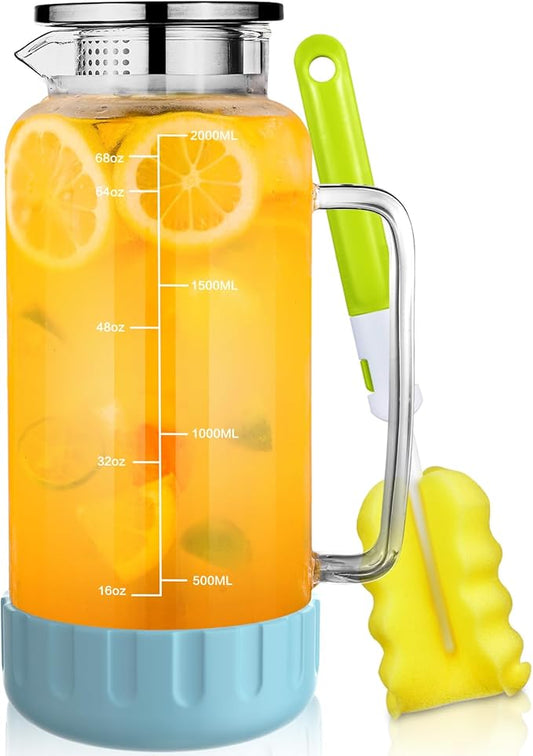 Aofmee 68oz Glass Pitcher with Lid, 2 Liter Water Carafe with Silicone Base and Precise Scale Line, Ice Tea Pitcher for Fridge, Anti-Slip Glass Jug for Sun Tea Juice Coffee Milk Beverage (Blue)