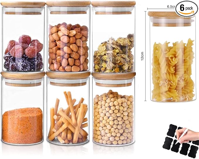 Glass Jars with Bamboo Wooden Airtight Lids 6oz 10oz Spice Jars Food Storage Containers for Home Kitchen, Tea, Salt, Pepper, Spices, Coffee, Herbs, Grains (10 OZ, 6 PCS)