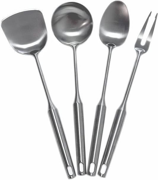 304 Stainless Steel Cooking Utensils Set 4 Piece 15 Inch Large Size Metal Kitchen Utensils Set Including Spatula,Ladle,Serving Spoon,Meat Fork,Stainless Steel Cooking Tools