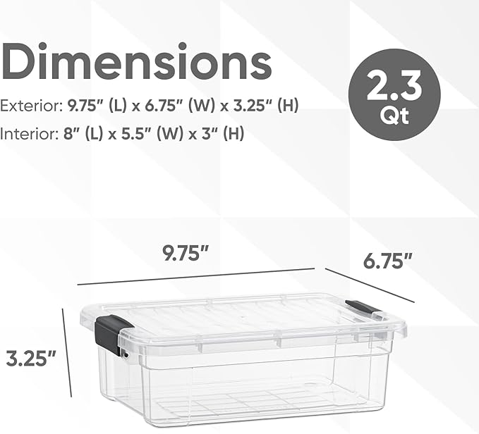 Superio Clear Storage Boxes with Lids, 2.5 Quart Plastic Container Bins for Organizing, Stackable Crates, BPA Free, Non Toxic, Odor Free, Organizers for Home, Office, School, and Dorm