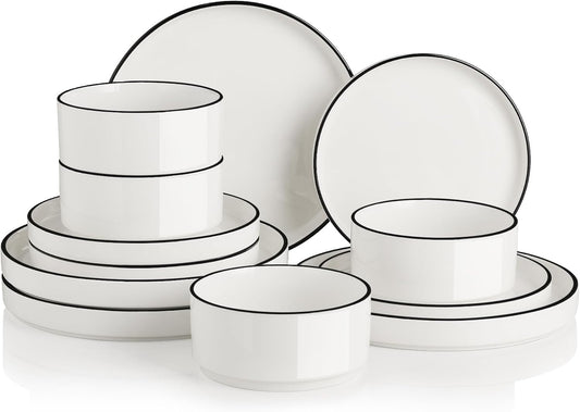Sweejar Porcelain Dinnerware Sets for 4, 12 Pieces Ceramic Plates and Bowls Set, Classic Modern Simple Kitchen Dinner Dining Ware Set, Dishwasher and Microwave Safe Dishes Sets(Pure White-Black Rim)