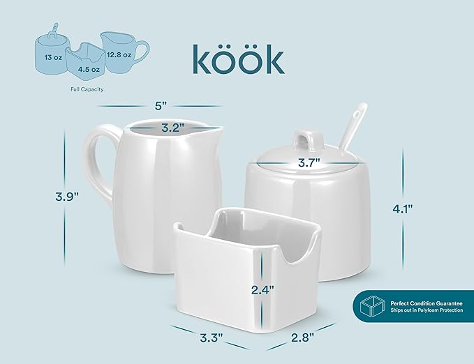 KooK Sugar and Creamer Set, 3 Piece, Pitcher, Sugar Bowl with Lid and Spoon, Sweetener Holder (White)