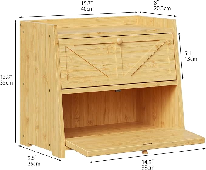 Vintage Double Layer Bread Box for Kitchen Counter Bamboo Bread Storage Container Large Capacity Bread Storage Bin (Natural Bamboo)