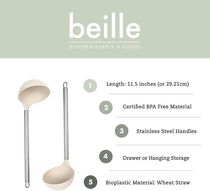 Beille Cream Wheat Straw Ladle with Stainless Steel Handle Kitchen Utensils, 13 Inch