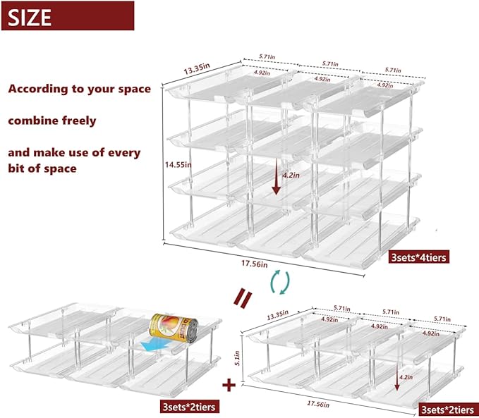 Can Organizer for Pantry, 3 Sets 4 Tiers Can Storage Organizer Pantry,Soda Can Organizer for Fridge 48 Cans Rack Automatic Rolling Stackable Canned Food Organizer,Clear