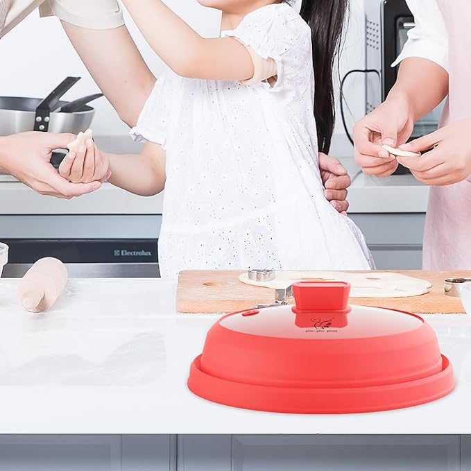 Microwave Splatter Cover Glass Splatter Guard Lid with Collapsible Silicone for Food Pot Plate Cover 10.8 inch Red