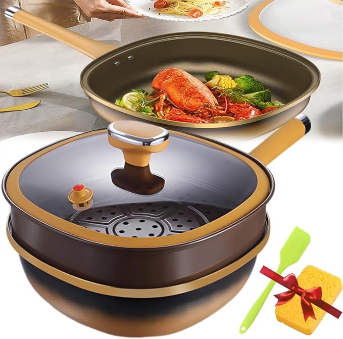 12in Titanium Alloy Non-stick Pot with Lid, Non Stick Frying Pan, Cooking Skillet, Kitchen Large Deep Wok, Cooking Pots and Pans Cookware Set, For Home Dishwasher Oven, Helper Handle(Pot+Lid+Steamer)