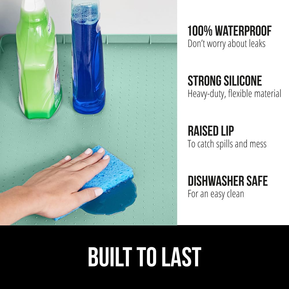 GORILLA GRIP Waterproof Silicone Under Sink Mat with Raised Lip for Kitchen and Bathroom, Cabinet Shelf Liner Stay in Place Mats Dishwasher Safe Drawer Liner, Organizer Tray, 15 x 22 in, Mint