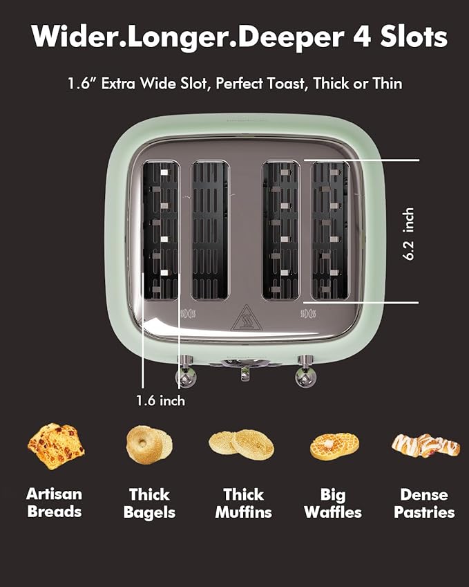 Retro 4-Slice Toaster 1.6" Wide Slots - 6 Toast Settings with Bagel Function, Stainless Steel Body, Defrost/Cancel Button & Crumb Tray, Vintage Green