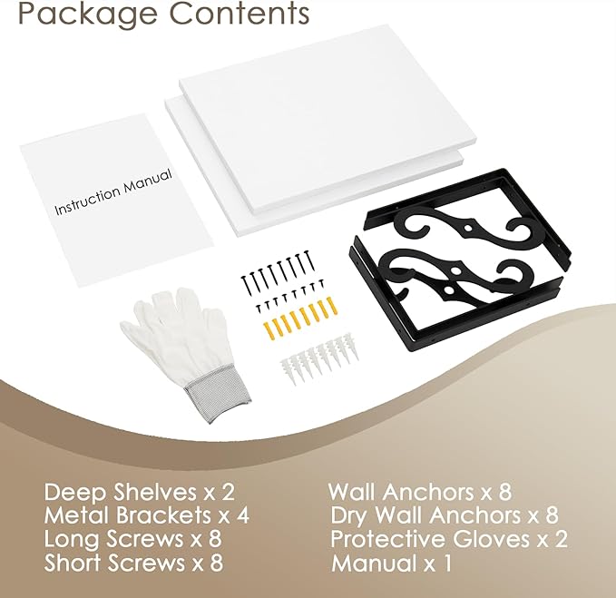 DINZI LVJ Deep Floating Shelves, 16" W x 12" D Wall Shelves Set of 2, Wide Display Shelf Wall Mounted with Brackets, Easy-to-Install Wall Bookshelf for Living Room, Bathroom, Bedroom, White