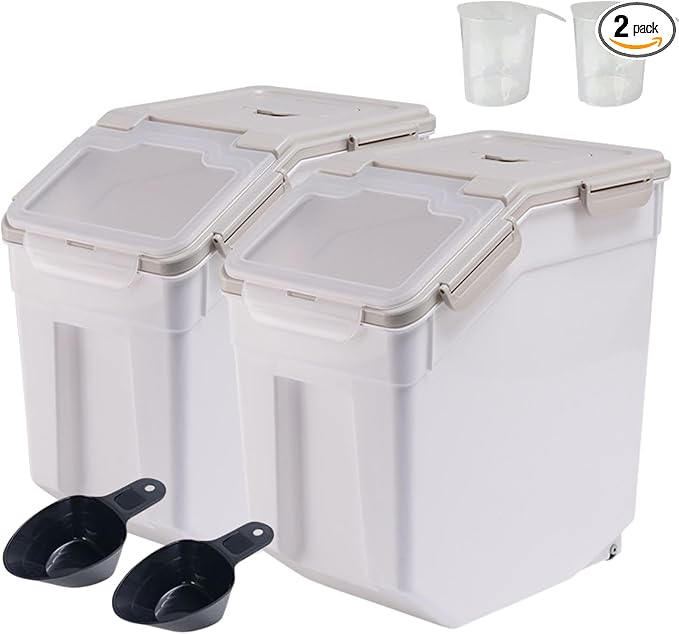 Airtight Flour Storage Container Bin 50lbs (2 Pack) - BPA Free Rice & Food Dispenser with Locking Lid, Measuring Cup & Scoop - Kitchen Pantry Organizer for Cereal, Grain, Pet Food (Grey)