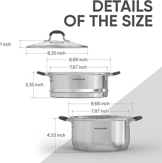 Sunhouse - 3.1 Quarts Steamer Pots With Lid 2-Tier Multipurpose Stainless Steel Steaming Pot Cookware For Vegetable, Dumpling, Sauce, Food - Triple Bottom, Measurement Line