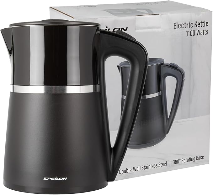 Epsilon Double Wall Electric Kettle 1500W – 1.7L Hot Water Tea Kettle & Hot Water Boiler with Auto Shut-Off, Boil Dry Protection, BPA-Free Stainless Steel Electric Teapot Fast Boil, Cool Touch Design