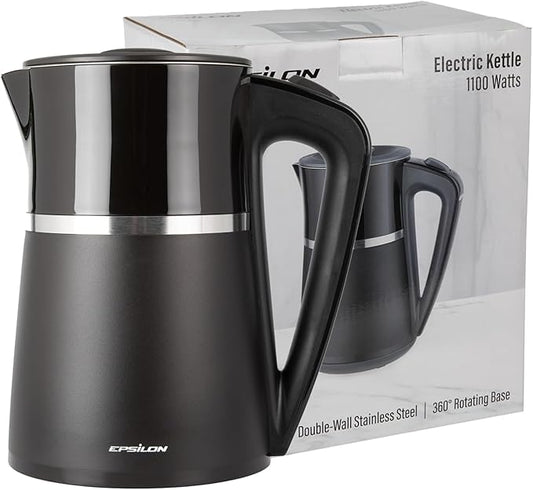 Epsilon Double Wall Electric Kettle 1500W – 1.7L Hot Water Tea Kettle & Hot Water Boiler with Auto Shut-Off, Boil Dry Protection, BPA-Free Stainless Steel Electric Teapot Fast Boil, Cool Touch Design