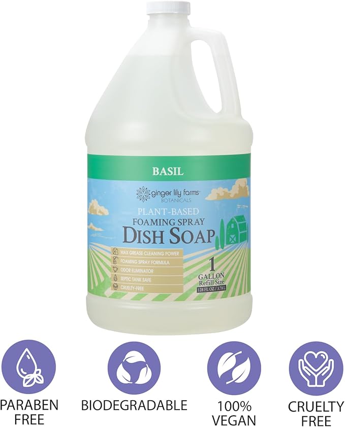 Ginger Lily Farms Botanicals Plant-Based Foaming Spray Dish Soap, Concentrated Formula with Max Grease Cleaning Power, Cruelty-Free, Basil Scent, 1 Gallon Refill (128 Fl Oz)