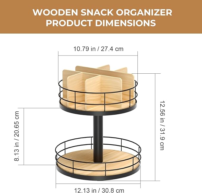 Snack Organizer - Versatile Snack Storage 2 Tier Lazy Susan with Convenient Grab-and-Go Design, Wood and Metal Snack Holder for Home, Office, Breakroom, 12.13" L x 12.13" W x 12.56" H
