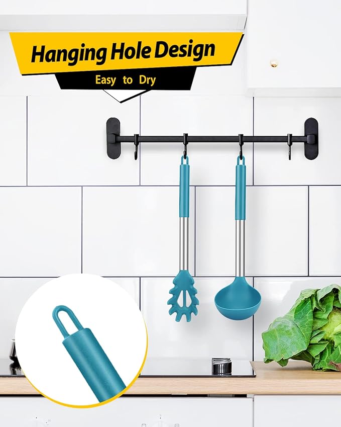 Silicone Pasta Fork and Ladle Spoon Set, Large Non Stick Kitchen Utensils for Cooking,Stirring,Serving Spaghetti, Soup, Sauce (BLUE)