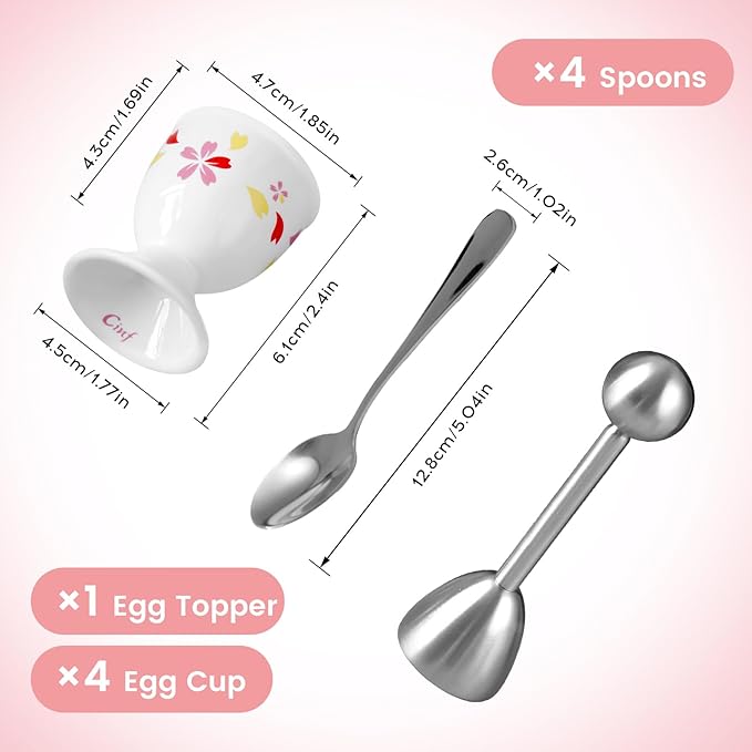 Cinf Sakura Ceramic Egg Cups & Cracker Set | Set of 4 Ceramic Egg Cups + 4 SS Spoons + 1 Egg Topper Breakfast Boiled Cooking Easy to Clean Childhood Memories Kitchen